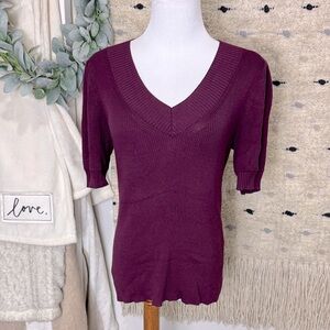 Ann Taylor Burgundy vneck Knit ribbed short sleeve sweater size S